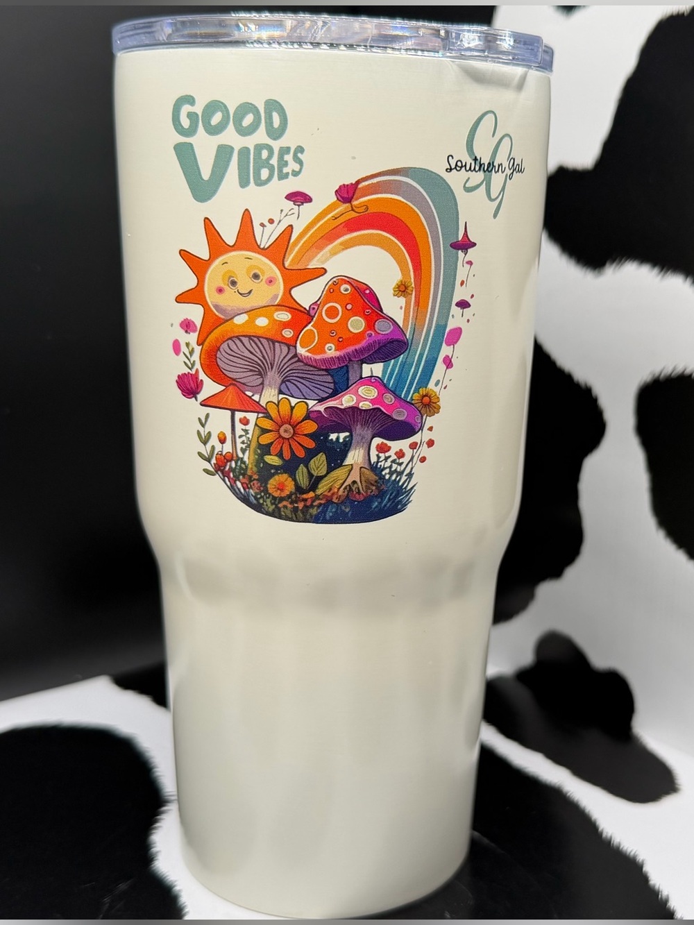 Southern Gal: Good Vibes Mushroom & Rainbow Tumbler - Cream Colored 20 oz